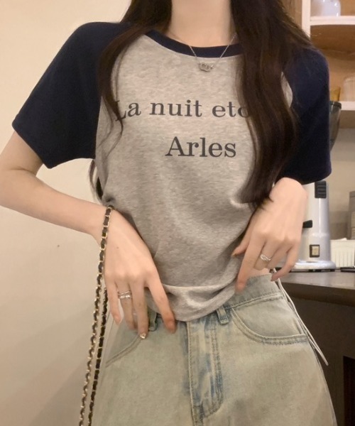DIAVEL tシャツ サイドシャーリングリボン 配色プリントトップス