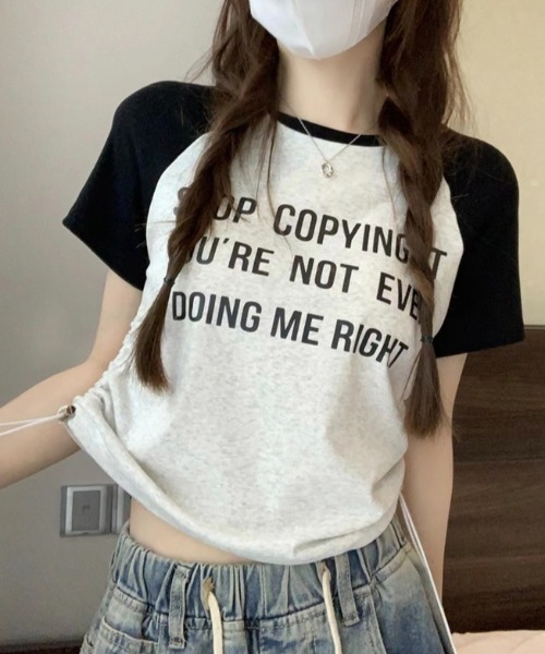 DIAVEL tシャツ サイドシャーリングリボン 配色プリントトップス