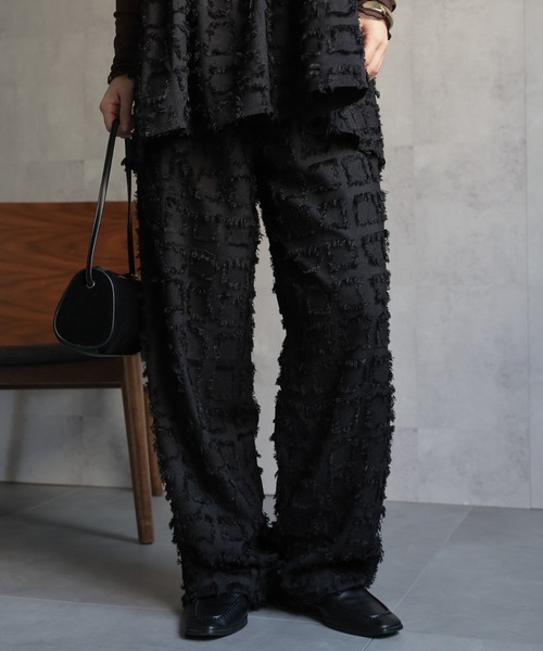 as on プリント入り黒ワイドパンツ ap retro パンツ 「セットアップ対応」フリンジ ジャガードイージー