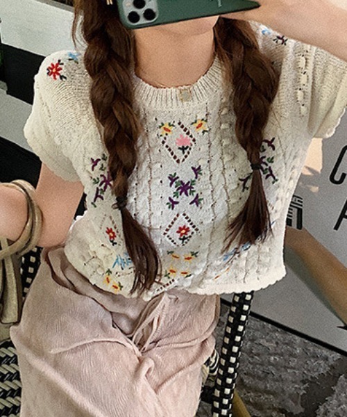 deux amour tシャツ 半袖 クルーネック花刺繍入り半袖ニットプル