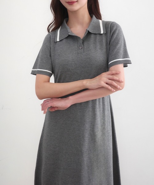 ポロシャツニットワンピース美品！ CENEA（セネア） ワンピース 薄手配色ラインポロニットワンピース