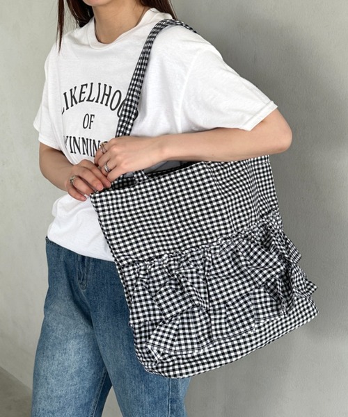 トートバッグ 「A4収納可能」ギンガムチェックフリルトート