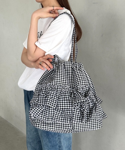 トートバッグ 「A4収納可能」ギンガムチェックフリルトート