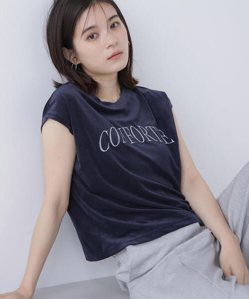 tシャツ ベロアロゴ刺繍トップス レディース