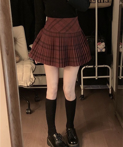 sandroプリーツチェック毛100%ミニスカートay28 gossip!ロサンゼルス スカート 細プリーツ チェック柄ミニスカート