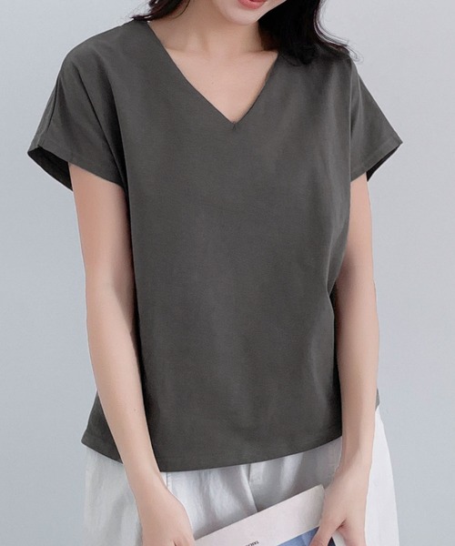 LOWO tシャツ コットンVネックシームレスTシャツ 半袖 レディース