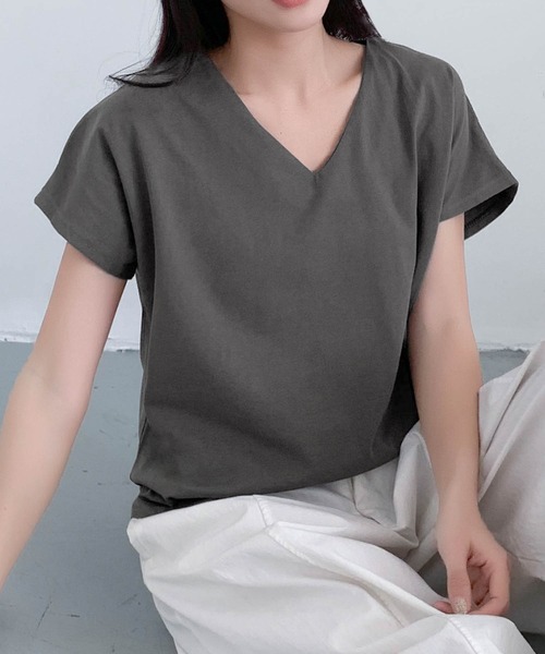 LOWO tシャツ コットンVネックシームレスTシャツ 半袖 レディース 