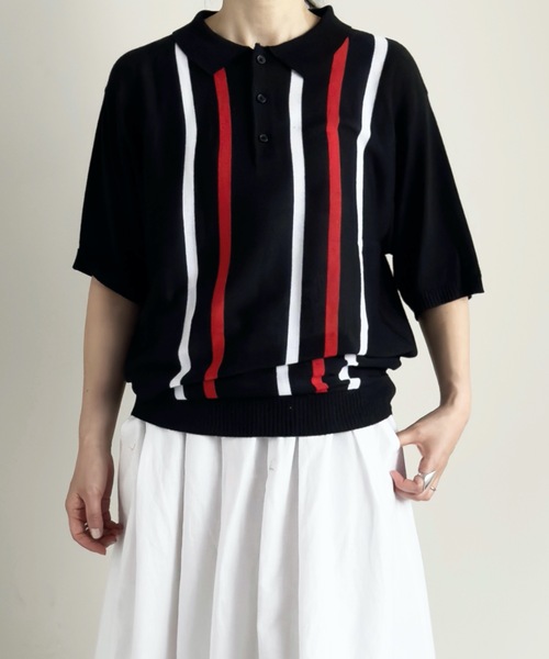 ポロシャツ ポロ COMMONWARE:ストライプ ニットポロS/S レディース メンズ COMMON WARE ポロシャツ ポロ COMMONWARE:ストライプ ニットポロ