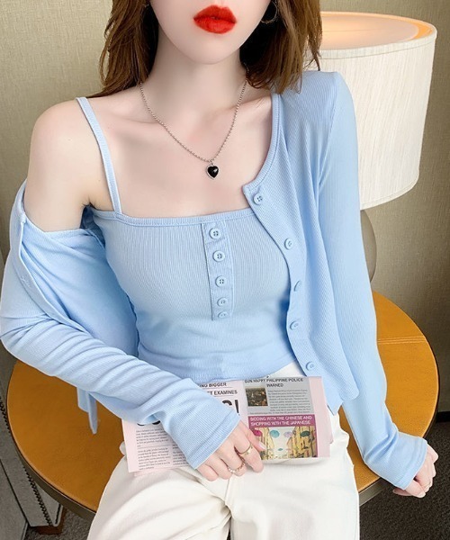 カーディガン 「韓国ファッション春コーデに可愛く着こなし♪」ショート丈キャミ/カーディガンセット レディース カーディガン 「韓国ファッション春コーデに可愛く着こなし