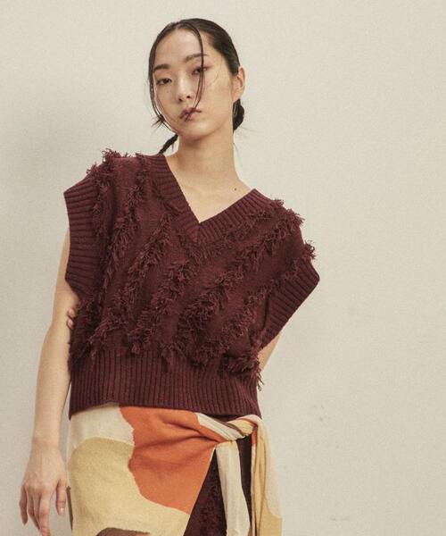 ベスト ジレ JACQUARD FRINGE KNIT VEST レディース