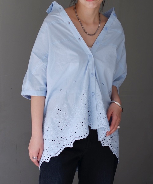 ＆HALF ブラウス シャツ インド綿刺繍切替カラールーズシャツ