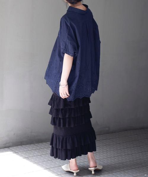 ＆HALF ブラウス シャツ インド綿刺繍切替カラールーズシャツ