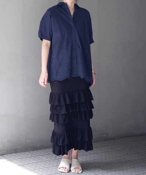 ＆HALF ブラウス シャツ インド綿刺繍切替カラールーズシャツ