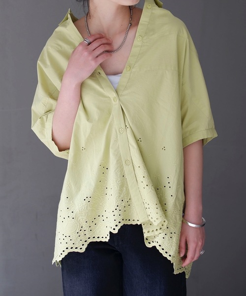 ＆HALF ブラウス シャツ インド綿刺繍切替カラールーズシャツ