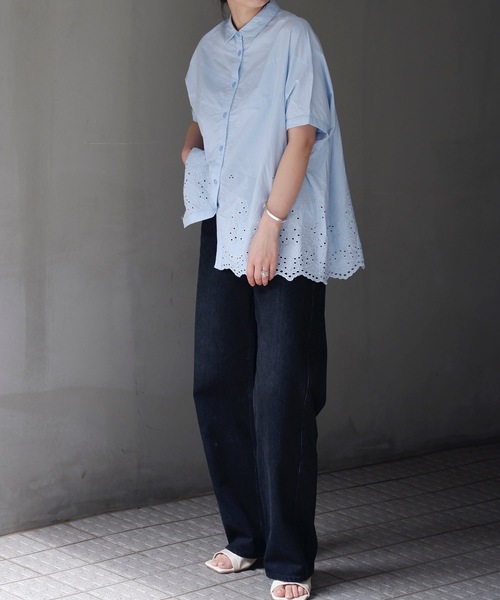 ＆HALF ブラウス シャツ インド綿刺繍切替カラールーズシャツ