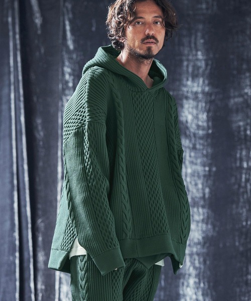 パーカー mpa3568-Light yarn cable stitch knit hoodie ニットフーディー メンズ レディース