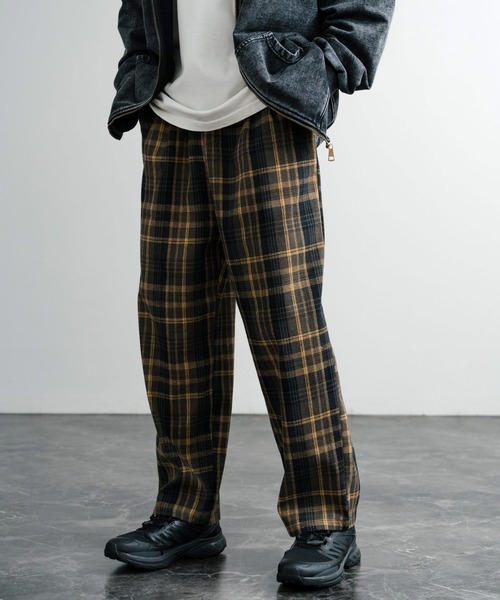 チェックシャツ／ワイドレッグパンツ セットアップ r-3793 ARCHIVER パンツ チェック柄ルーズワイドレッグパンツ