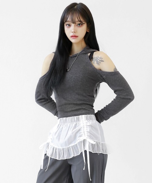 tシャツ ホルターネックフード長袖T ショルダーレスフード付きカットソー レディース