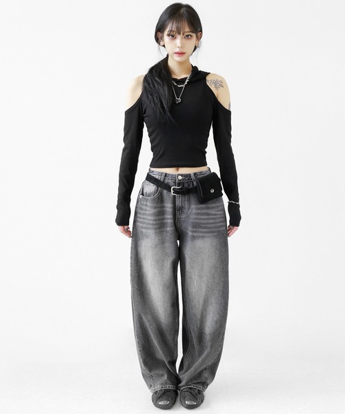 tシャツ ホルターネックフード長袖T ショルダーレスフード付きカットソー レディース minsobi tシャツ ホルターネックフード長袖T ショルダーレス
