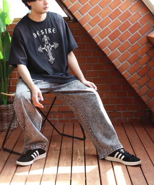 8 tシャツ スプレー加工クロス刺繍半袖Tシャツ メンズ レディース