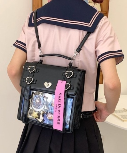 ブラックWデニム♡ハートフラワー刺繍の3wayバッグ♡リュック♡ストーン付き ブラックWデニム♡ハートフラワー刺繍の3wayバッグ♡リュック