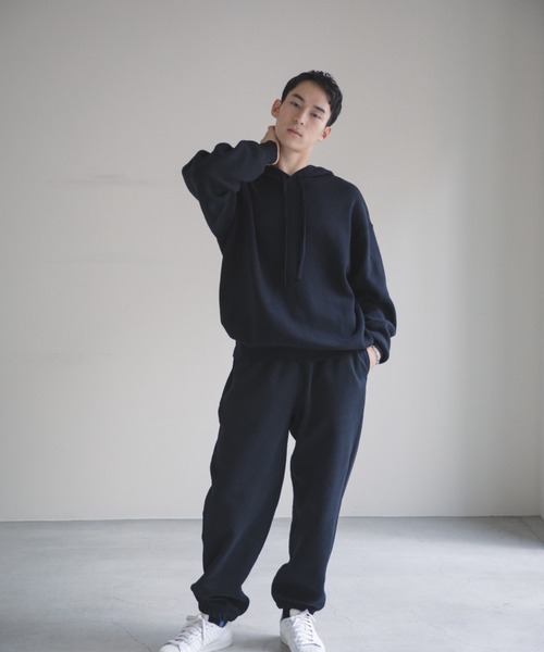 パーカー 「hatoooooooooo」12G smouth knit foodie/無地シンプルデザインニットフーディ― レディース メンズ