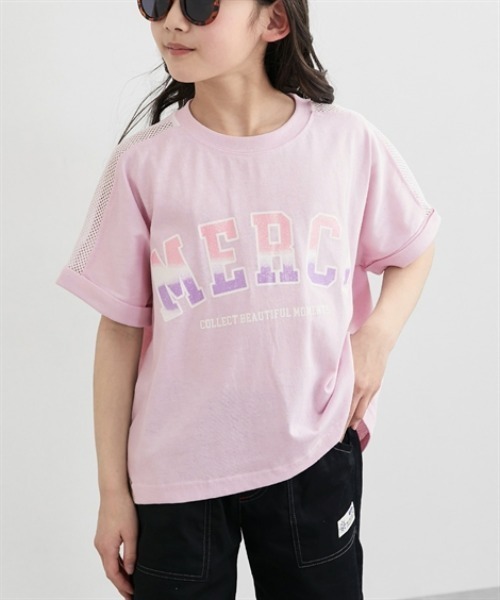 tシャツ 袖メッシュ切替ロールアップグラデーションプリントTシャツ