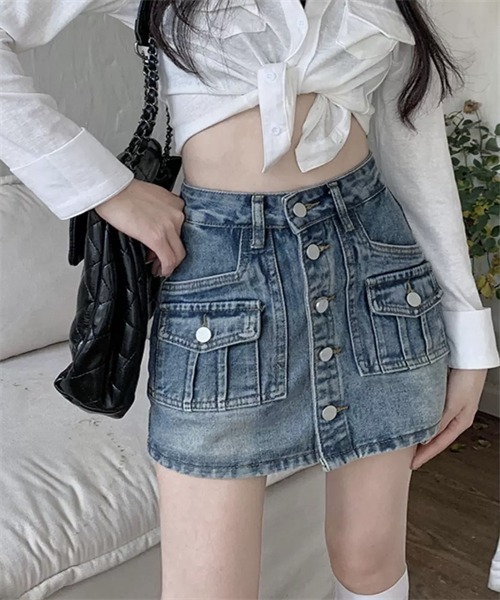 FREE STYLISTS デニムスカート フロントボタンデニムミニスカート