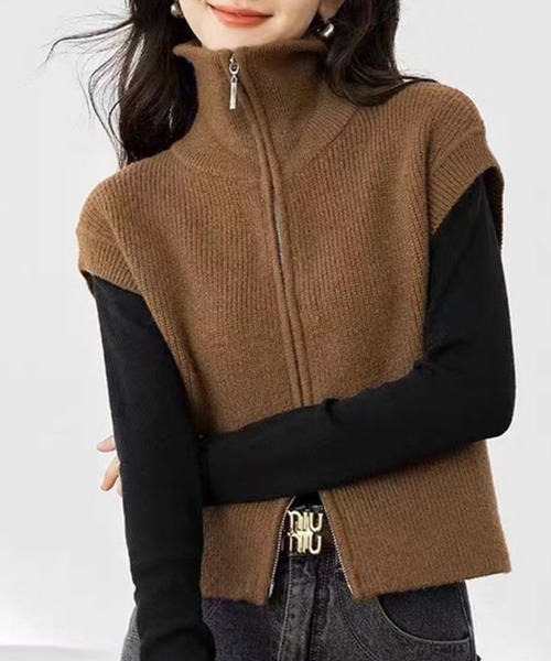 LOWO ベスト ジレ ダブルジップ ハイネック ニット ベスト トップス