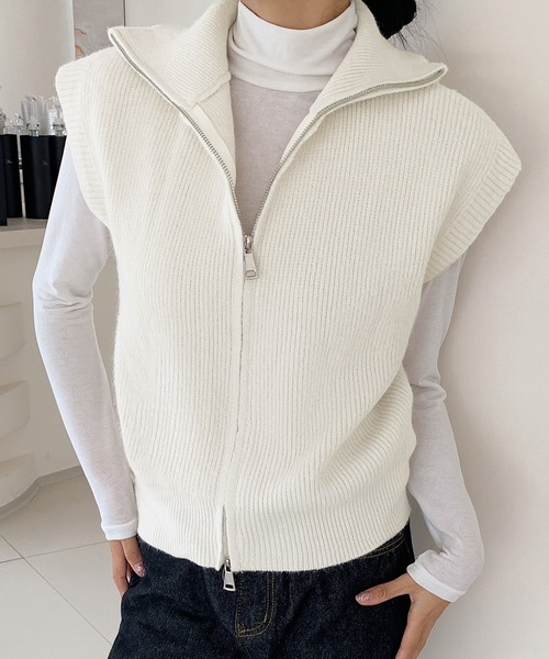 LOWO ベスト ジレ ダブルジップ ハイネック ニット ベスト トップス