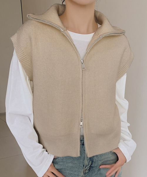 LOWO ベスト ジレ ダブルジップ ハイネック ニット ベスト トップス