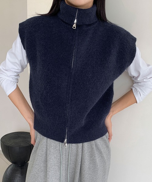 LOWO ベスト ジレ ダブルジップ ハイネック ニット ベスト トップス