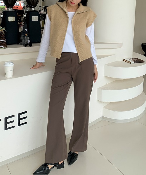 LOWO ベスト ジレ ダブルジップ ハイネック ニット ベスト トップス