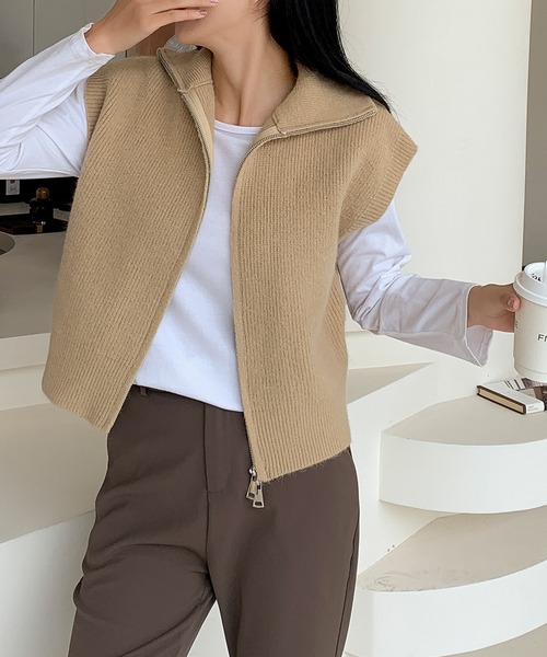 LOWO ベスト ジレ ダブルジップ ハイネック ニット ベスト トップス