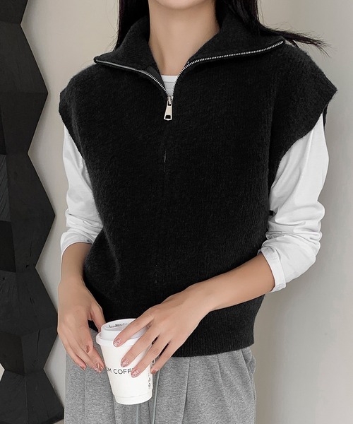 LOWO ベスト ジレ ダブルジップ ハイネック ニット ベスト トップス