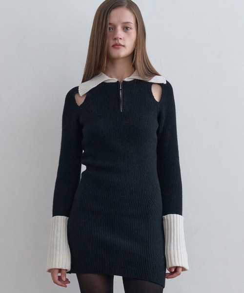 Kijun（キジュン） ワンピース Half Zip-Up Knit Dress リブ編み