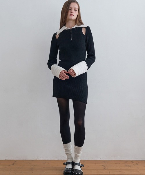 Kijun（キジュン） ワンピース Half Zip-Up Knit Dress リブ編み