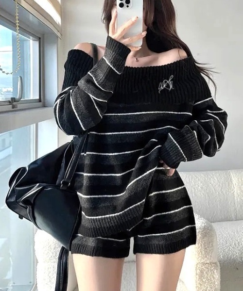 トップス Clala layered set black セットアップ 「インフルエンサーコラボ」ワッフルハーフジップ