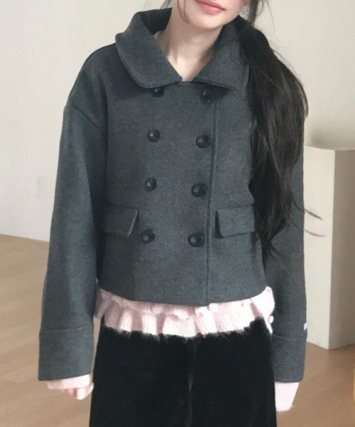 コート アウター ダブルブレスクルーネックショートコート レディース