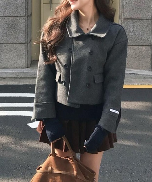 コート アウター ダブルブレスクルーネックショートコート レディース