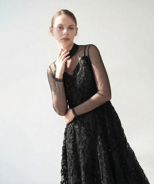 【LEJA】 花柄 レースドレス 結婚式 二次会 Sサイズ ベロア ベージュ 黒 Leja（レジャ） ドレス 「LEJA」シアーフラワーレースレイヤード