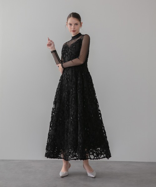 leja ラメ レース装飾付きロングドレス ブラック ワンピース