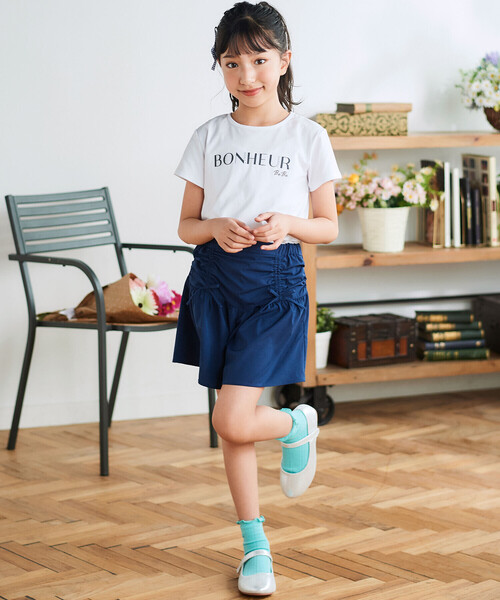 BeBe（ベベ） パンツ ドロストギャザーシャンブレーキュロットパンツ