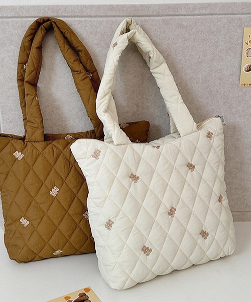 くま刺繍 キルティング レッスンバッグ ベージュ VIBGYOR ハンドバッグ Mignonjour/くま刺繍キルティングバッグ M2900