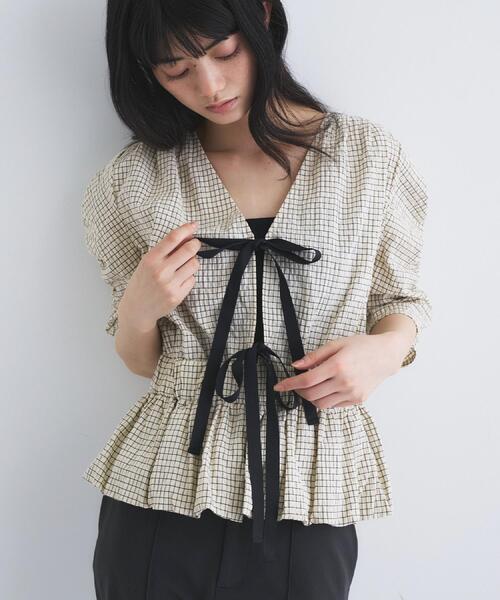ブラウス シャツ front ribbon peplum blouse レディースの画像