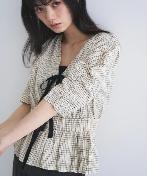ブラウス シャツ front ribbon peplum blouse レディースの画像