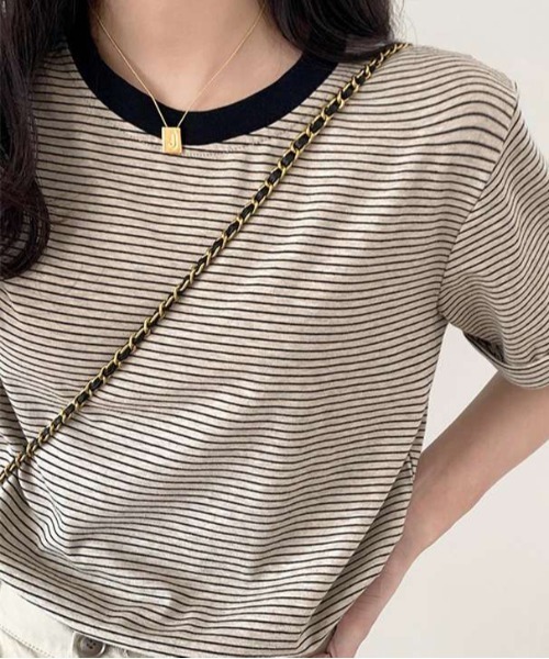 tシャツ Tシャツ レディース クルーネック細ボーダーTシャツ