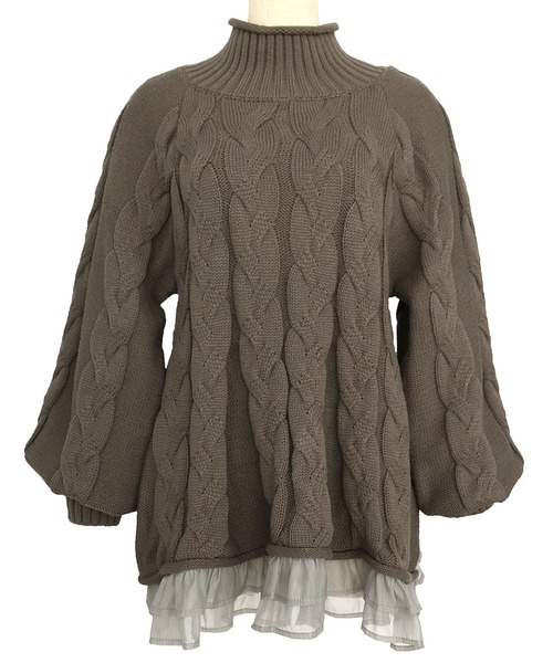 ニット オーガンジーフリルヘムケーブルニット ｜ ハイネック トップス  