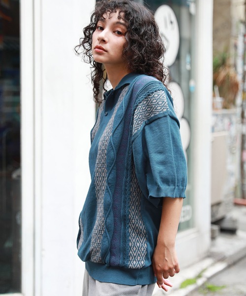 美品】Vintage 00s~ ジャガード 配色 ニットポロシャツ 半袖