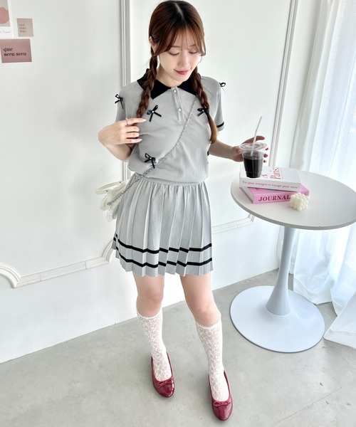 Loueme セットアップ 夏 メニーリボンポロ＆ラインスカート